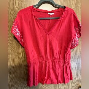 Pink V-Neck Blouse with Embroidery